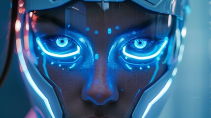 Close-up of a robot face with a light blue mask, blue glowing eyes, cutting-edge design, futuristic health and safety