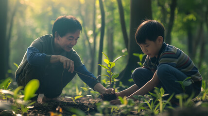 asian father and son working together in tree planting, embracing environmental responsibility