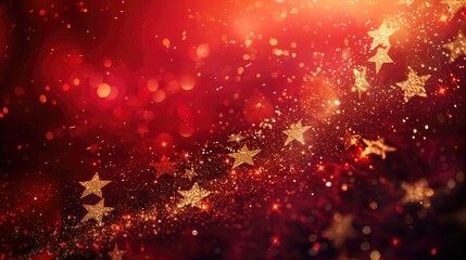 Wall Mural - Shimmering golden stars fall against red backdrop mesmerizing abstract background sparkle