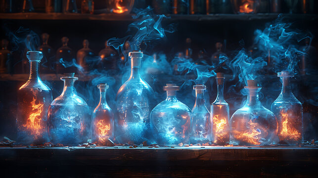  A collection of eerie, glowing potions on a wooden shelf in a dark room.
