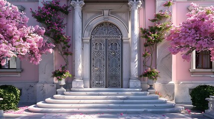 Wall Mural - A soft pink entrance with white marble steps and delicate ironwork