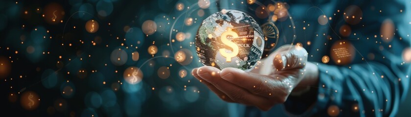 A hand holding a glowing glass globe with a dollar symbol, representing global financial technology, investment, and economic growth.