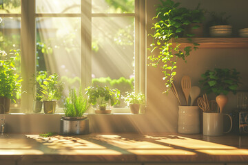 Wall Mural - A clean and tidy kitchen with illuminating white walls and green plants.