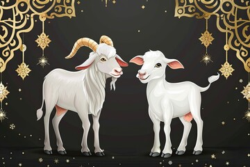 Wall Mural - black islamic decoration background with a cute goat and white cow cartoon standing and smiling, side view 