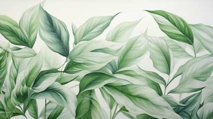 Wall Mural - A close-up watercolor painting of green leaves with a white background, creating a soft and natural aesthetic, wallpaper