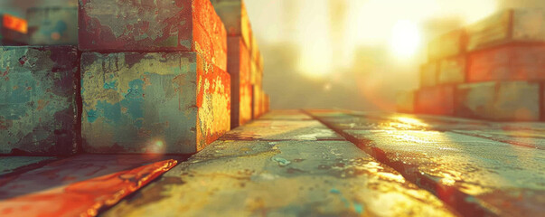 Poster - A close up of a brick wall with a sun shining on it. The bricks are old and worn, and the sun is casting a warm glow on the scene. Scene is nostalgic and peaceful