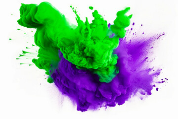 Wall Mural - Green and purple substance is in the air with white background.