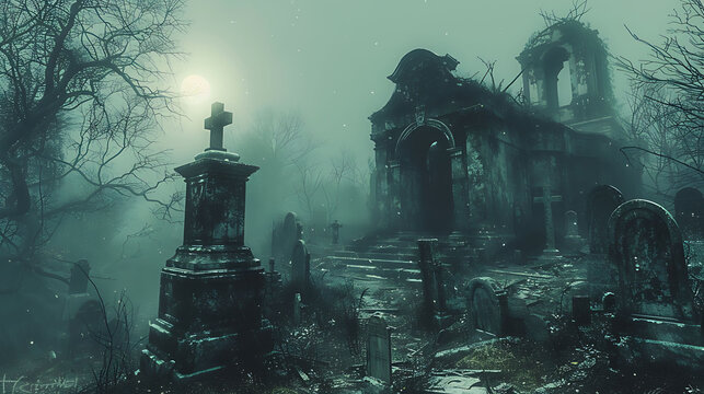  A fog-covered graveyard with an ancient, weathered mausoleum.