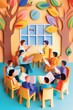 © Sarawut - Dynamic paper-cut vector illustration portraying a parent-teacher meeting, happy parents and teachers engaged in discussion, classroom ambiance