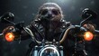 © mongkonchai - Sloth wearing a leather jacket drives a motorcycle against a black background.