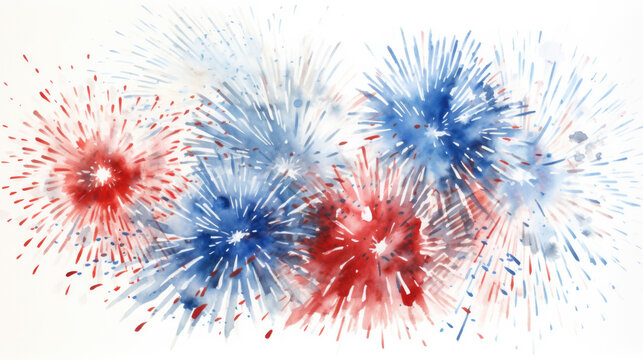Watercolor illustration of a red and blue fireworks display on white background, clip art