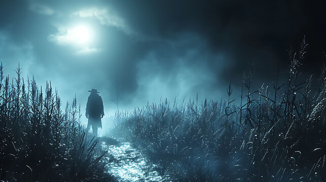  A foggy night with a silhouette of a creepy scarecrow in a cornfield.