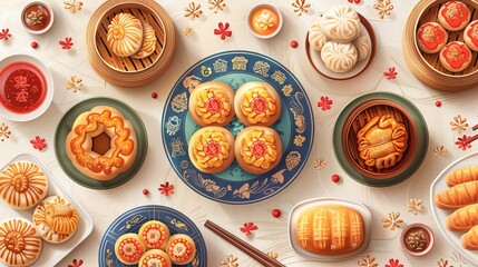 A variety of delicious dim sum dishes are arranged on a table. The dishes include dumplings, buns, and other traditional Chinese fare.