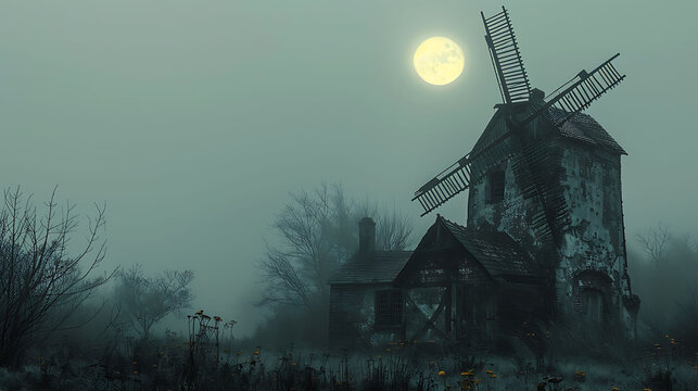  A full moon illuminating a spooky, old windmill in a foggy field.