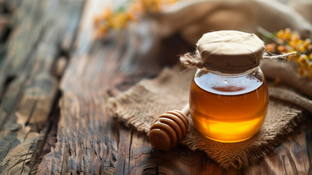 Honey in a jar on a wooden background with empty space