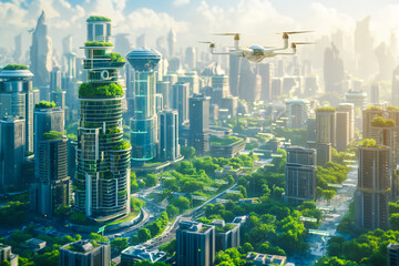 Wall Mural - Futuristic smart city with towering buildings, smart transportation and drones, autonomous driving, high green coverage, multifunctional public spaces, intelligent facilities