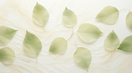 Wall Mural - A close-up of soft green leaves scattered on a textured cream background, wallpaper