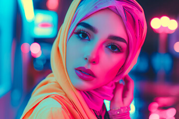 Gen-z beautiful arabic fashionable female, wearing neon stylish clothes, retro style in the style of vaporwave fashion