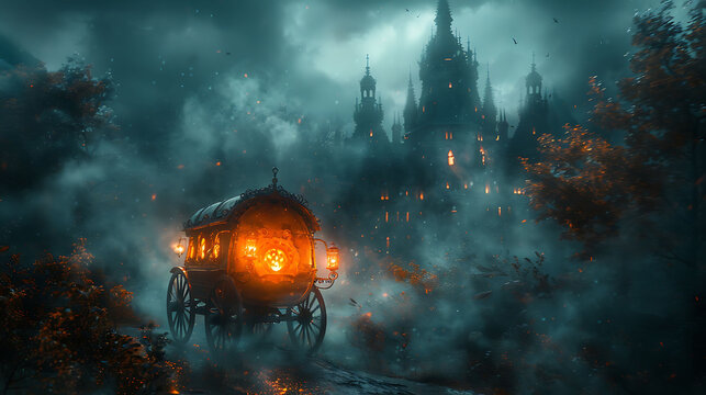  A haunted carriage with glowing lanterns moving through a foggy night.
