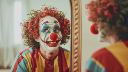 Wall Mural - A clown sitting smiling in front of a large mirror, the reflection in the mirror shows the same clown smiling, Ai generated Images