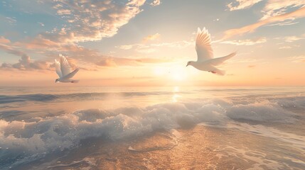 Serene sunrise over the ocean with two doves flying, symbolizing peace and tranquility in a picturesque coastal scene.