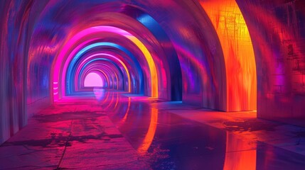 Poster - A surreal landscape within a neon-lit tunnel, where the walls morph and distort under the influence of the vibrant light.