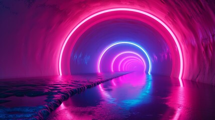 Poster - A surreal landscape within a neon-lit tunnel, where the walls morph and distort under the influence of the vibrant light.