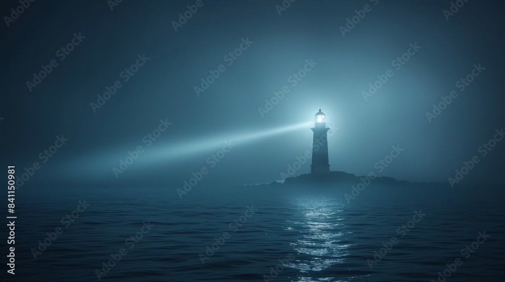 A lighthouse beams its light through dense fog, guiding ships safely on ...