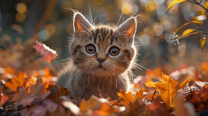 Curious kitten exploring autumn leaves