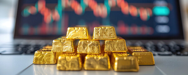 Poster - A stack of gold bars is on a laptop screen. The bars are piled on top of each other, and the laptop screen shows a graph of the gold's price. Concept of wealth and investment