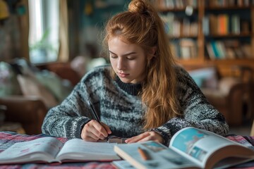 Focused young woman writing in study area