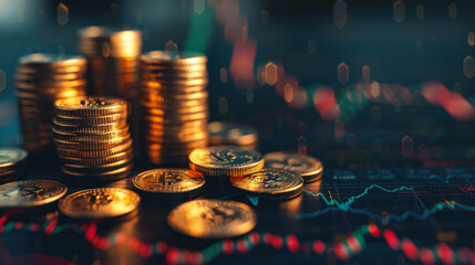 Poster - A pile of gold coins sits on a table next to a graph. The coins are stacked in various sizes and the graph shows a downward trend. Concept of wealth and financial uncertainty