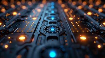 Poster - A close-up view of a futuristic, metallic surface with rows of glowing panels. The background is blurred, creating a sense of depth.