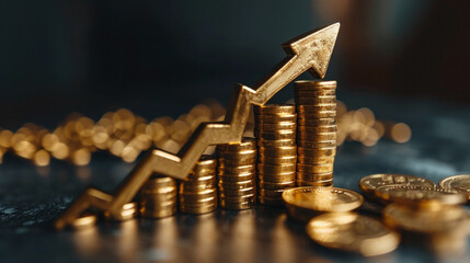 Poster - A stack of gold coins and a gold arrow pointing upwards. The coins are arranged in a pyramid shape, with the arrow on top. Concept of growth and prosperity, as the upward arrow suggests progress
