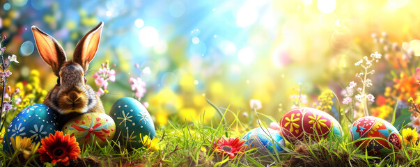 Poster - A bunny is sitting on a field of Easter eggs. The bunny is surrounded by a variety of colorful flowers and grass. The scene is bright and cheerful, evoking a sense of joy and celebration