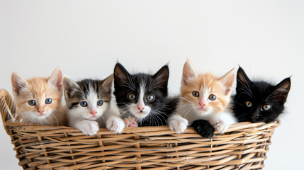 Wall Mural - Several kittens are in a wicker basket, kittens with colorful fur such as white, black and orange, pure white background, Ai generated images