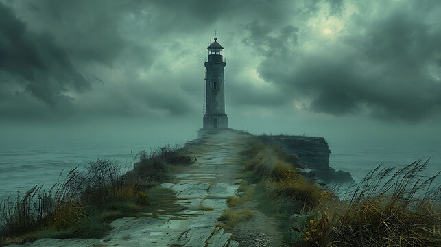  A spooky, abandoned lighthouse on a cliff under a stormy sky.