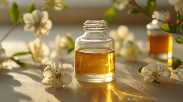 Aromatherapy scene with a close-up of natural oil in a clear bottle, sleek and minimalistic, isolated background, studio lighting