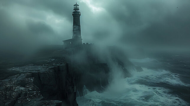 A spooky, abandoned lighthouse on a cliff under a stormy sky.