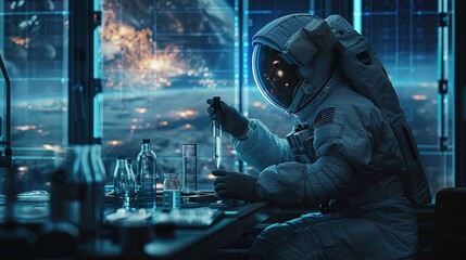 an astronaut in a high-tech space lab, a test tube dripping liquid, the window revealing a beautiful