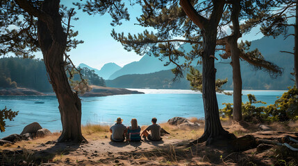 family sits under trees with big bay and mountains in background