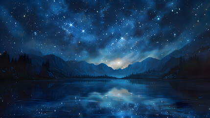 painting of a night sky with stars above a lake
