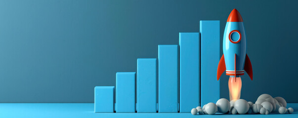 Poster - A rocket is flying through a blue background with a series of blue blocks. The rocket is the main focus of the image, and the blocks represent a graph or chart. Concept of progress and growth