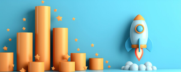 Poster - A blue background with orange cylinders and stars. A rocket is flying through the sky