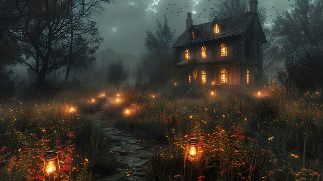  A spooky path lit by lanterns leading to an old, abandoned house.
