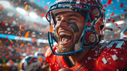 Wall Mural - Football Player Celebrates Victory With Confetti Shower in Stadium