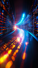 Poster - A long tunnel with bright lights and colorful patterns. The tunnel is illuminated by a bright light at the end