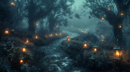 Wall Mural -  A spooky path through a dark forest, lit by glowing lanterns.