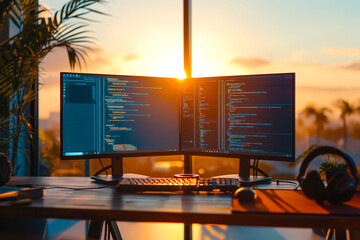 Modern office with two wide computer screens with programming code in setting sun