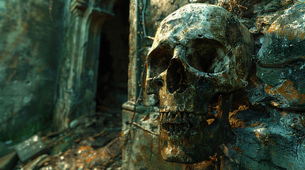 Canvas Print -  A spooky skeleton standing guard at the entrance of an ancient crypt.